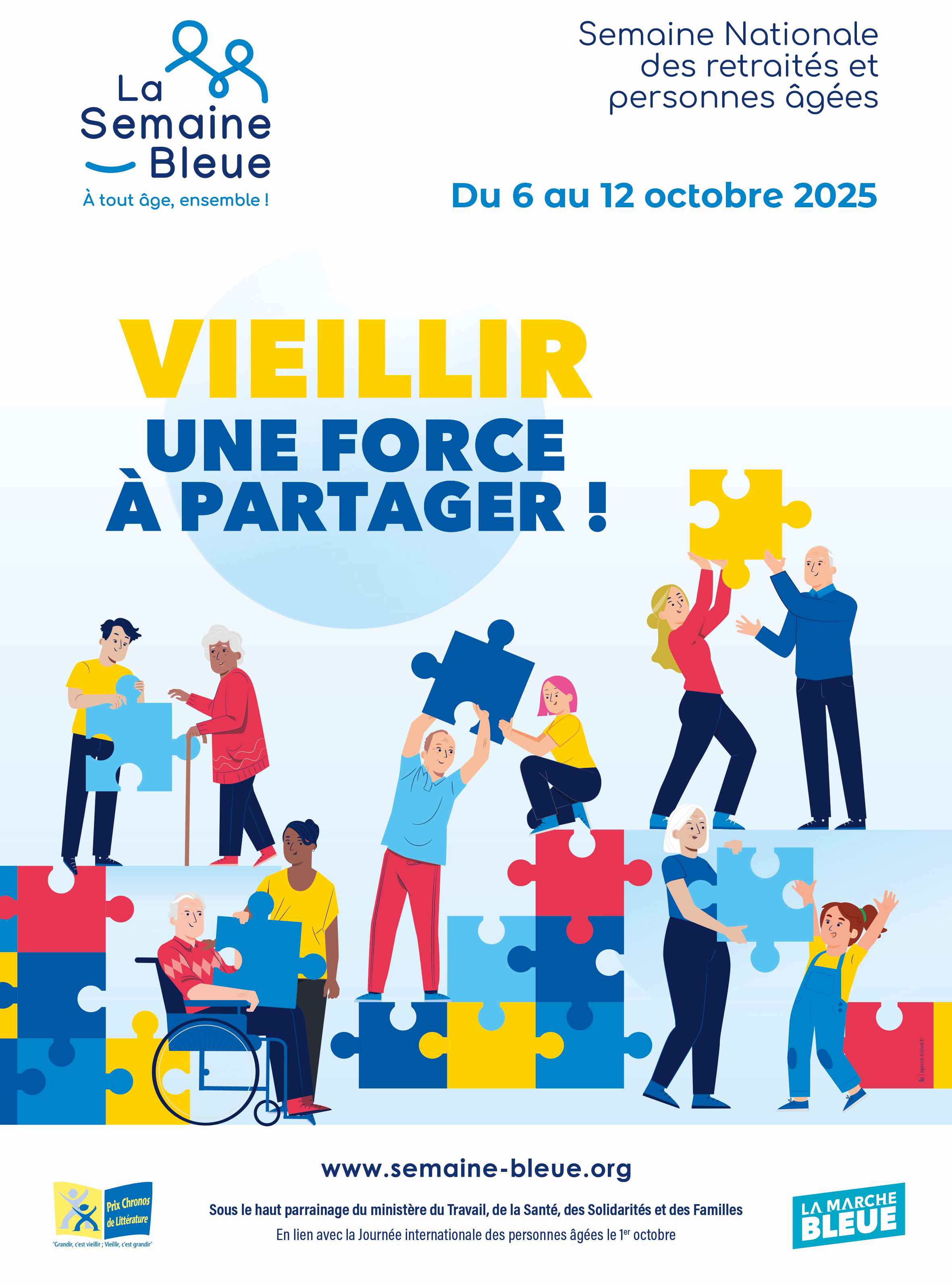 Affiche Semaine Bleue 2025 : retraités et personnes âgées participant à des activités intergénérationnelles
