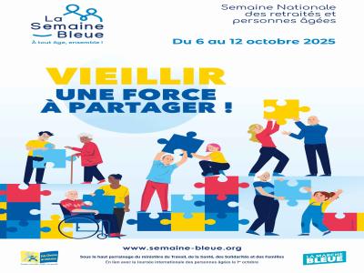 Affiche Semaine Bleue 2025 : retraités et personnes âgées participant à des activités intergénérationnelles